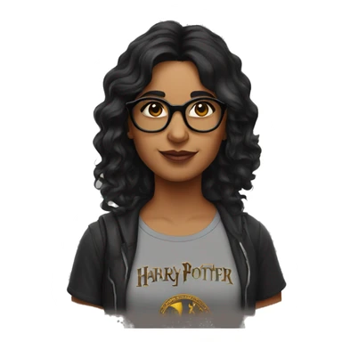 indian woman with dark wavy hair, sunglasses on her head and a harry potter tshirt sticker