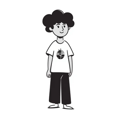 Teenage boy with messy curly hair, casual t-shirt, slight smile sticker