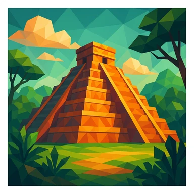 Mayan temple, geometric shapes, vibrant colors, jungle setting, polygonal low-poly style sticker