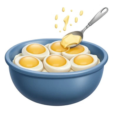 mixing bowl with uncracked eggs and butter sticker