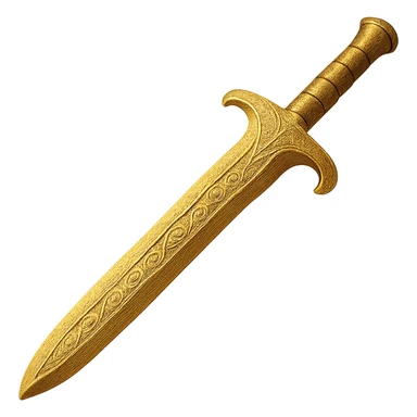 Recolor the sword to a rich, metallic plated gold color with ornate engravings inlaid with bright, reflective silver. Keep the exact shape and proportions of the original sword. The background should be transparent. The style should maintain the original look of the sword. sticker