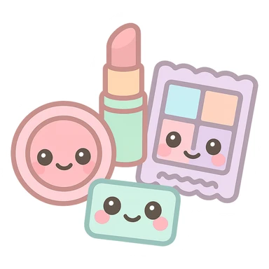Canmake cosmetics brand inspired emoji, featuring cute makeup items like blush, lipstick, and eyeshadow, with a soft pastel color palette and kawaii style facial expressions sticker
