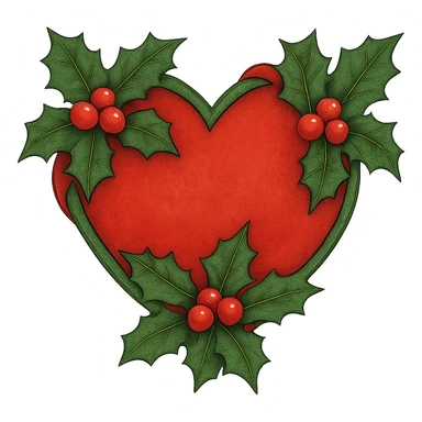 heart with Christmas theme, decorated with holly, red and green, remove background sticker