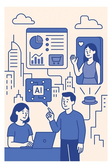 futuristic marketing illustration featuring AI-powered analytics, holographic ads, and digital influencers in a vibrant, high-tech cityscape, modern vector style sticker