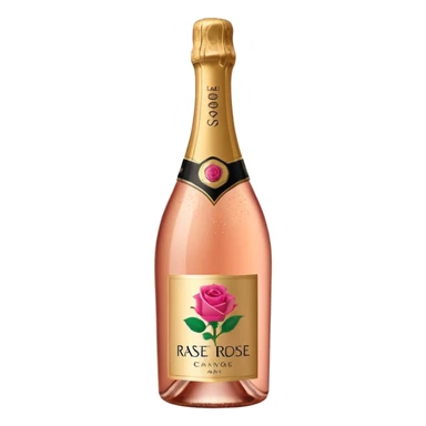 bottle of sparkling rosé champagne with a rose logo on the label, with the cork popping out from the top, tilted up and to the left, no glass sticker