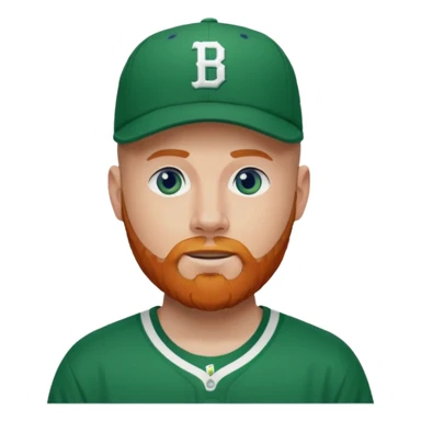 Bald white man with ginger beard, blue eyes in Tatum Boston Celtics jersey and Boston Celtics baseball cap sticker