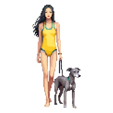 Slim Chinese woman with long black hair in appropriate beach attire at the beach with her completely solid grey Italian greyhound, ocean and sand visible, the dog has absolutely no white markings anywhere sticker