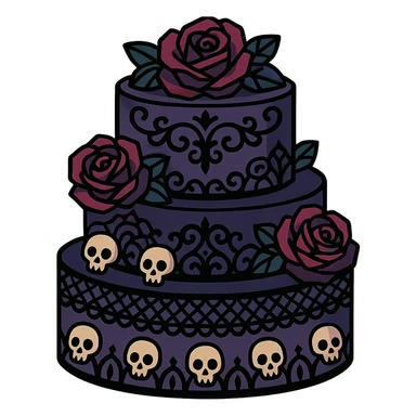 Gothic cake decorated with black lace, dark roses, tiny skulls, and ornate gothic filigree, no background, in a vibrant toon style. sticker