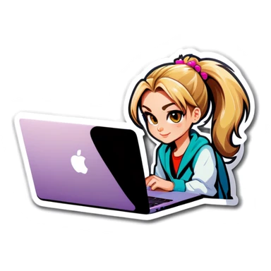 Blonde girl ponytail macBook and a cat sticker