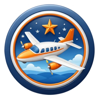 16x16px emoji for 'FlyFlat miles' as a circular badge with a small airplane and a star, using FlyFlat navy blue, orange, and white colors, symbolizing achievement and travel points sticker