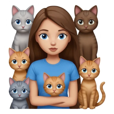 a pretty bratz dusky light skin girl with long brown hair, blue eyes with six cats nd wearing a grey tshirt sticker