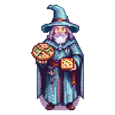 A wizard with a pizza in hand, muted colors, retro gaming aesthetic. sticker