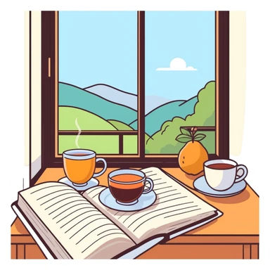 Small self-care objects: cup of tea, journal, fresh fruits, soft blanket, nature window view, gentle sunlight, pastel and warm tones, calm and mindful atmosphere, digital art  sticker