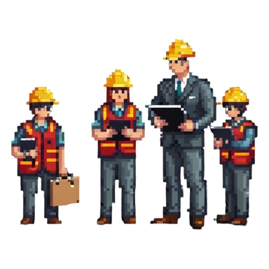 Boss employer with clipboard supervising workers sticker