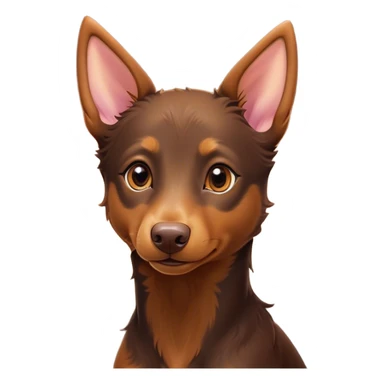 Cinematic Cute Brown and Tan Kelpie Portrait Emoji, Head tilted playfully and inquisitively, featuring a glossy brown Fur with vibrant tan accents, round, sparkling warm eyes filled with curiosity, Simplified yet irresistibly adorable features, highly detailed, glowing with a warm, friendly glow, high shine, affectionate and spirited, stylized with a touch of whimsy, bright and endearing, soft glowing outline, capturing the essence of a mischievous yet loving herder, so playful it feels like it could leap out of the screen and into your arms! sticker