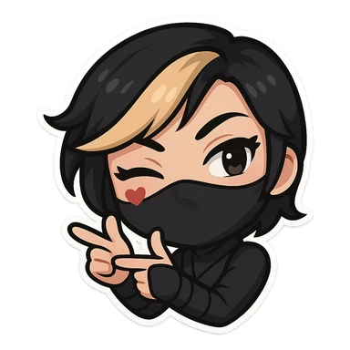 Sexy chibi ninja girl with black short hair and a blonde streak, only head and arms, making a finger gun gesture, bold outlines, no mask, sized for Twitch emoji use, transparent background. sticker