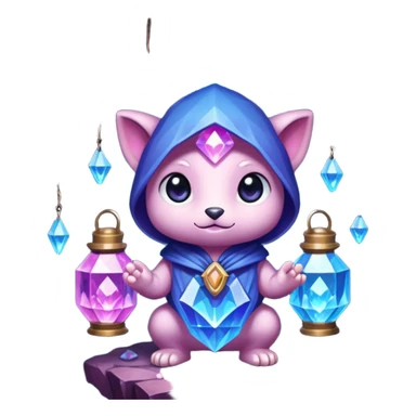 purple, blue, and pink crystal chibi creature holding a lantern inside a crystal-filled cave sticker