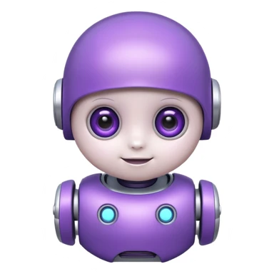 cute baby white and purple robot, round head, big eyes, smiling sticker