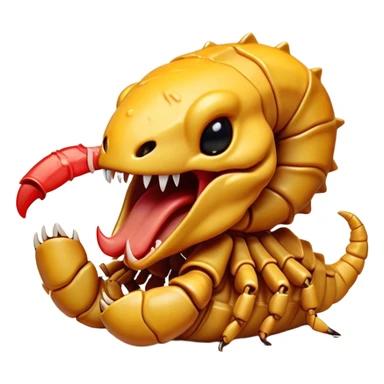 Cinematic Cute Yawning Emperor Scorpion Portrait Emoji, Head tilted slightly with a dramatic, wide-open yawn, showcasing a soft, textured exoskeleton with subtly drooping pincers and half-closed eyes in drowsy contentment, Simplified yet irresistibly adorable features, highly detailed, glowing with a soft, cozy glow, high shine, relaxed yet expressive, stylized with a dash of desert charm, soft glowing outline, capturing the essence of a sleepy yet affectionate scorpion that seems ready to stretch out for a nap! sticker