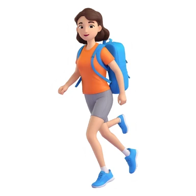 a woman walking with a backpack, sporty outfit, mid-stride, confident expression sticker