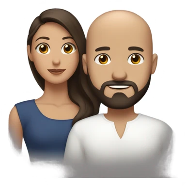 Comforting hug from brunette Puerto Rican with dark brown eyes to short, bald man with brown eyes and a beard sticker