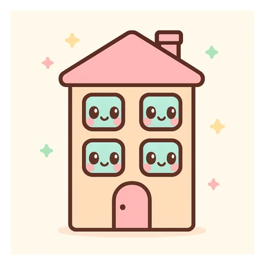 apartment building, kawaii chibi anime style, flat pastel colors, thick outlines, simple cute features, with smiling windows sticker