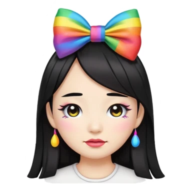 asian emoji face with long hair with bad thick black eyeliner and rainbow bow on head sticker