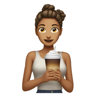 a tanned girl with a messy bun holding an ice coffe  sticker
