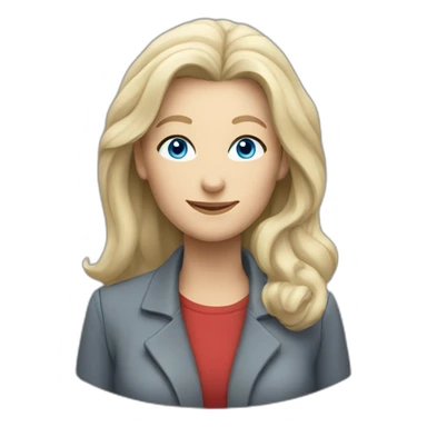 28 old women, white skin, long blond hair, blue eyes, red shirt in a gray jacket sticker