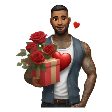 Hyper Realistic handsome tattooed man holding roses and a heart shaped gift box sticker