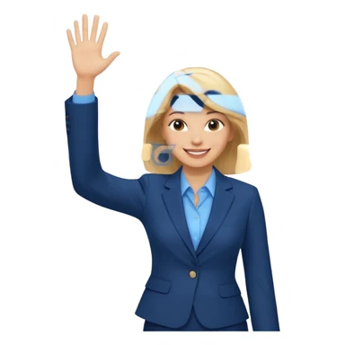 Make emoji of business woman with light skin and medium blonde hair in a dark blue business suit and light blue shirt waiving to new clients sticker
