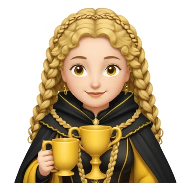 Helga Hufflepuff, 2 curly thick brown braids, yellow-black medieval dress, black cloak decorated with gold braiding, tiny two-handled shiny yellow-gold cup, very kind smile, curvy busty sweet woman, thick rosy cheeks sticker