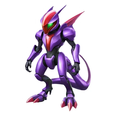 a shiny purple-green-red Genesect-Raptor-Fakémon—hybrid with a futuristic visor-helmet full body sticker