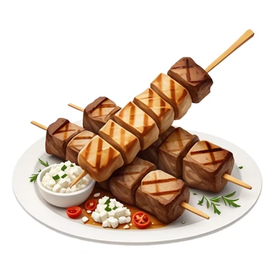 Souvlaki Cinematic Realistic Souvlaki Dish Emoji, depicted as skewered, grilled meat served with a side of crumbled feta cheese, rendered with rich textures and dynamic, appetizing lighting. sticker