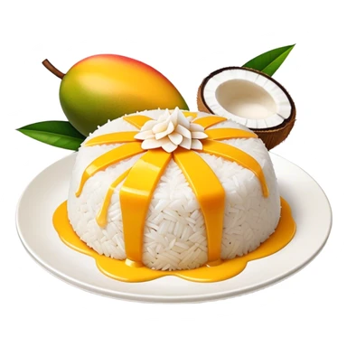 Mango Sticky Rice Cinematic Realistic Mango Sticky Rice Dessert Emoji, depicted as sticky rice drizzled with coconut milk topped with a layer of coconut cream, accompanied by sliced mango on the side of the plate, rendered with vivid textures and warm, tropical lighting. sticker