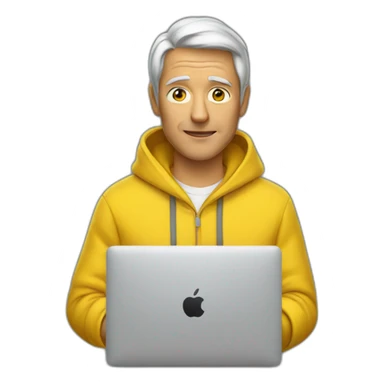 A mature boy with Macbook wearing yellow hoodie sticker