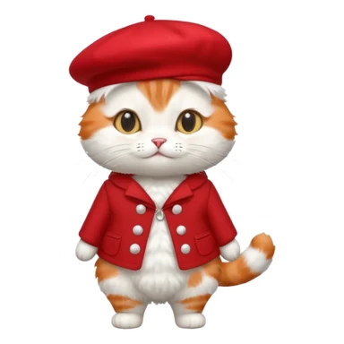A cute cat emoji, full body, standing in side view, wearing a stylish red beret. sticker