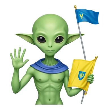 Green alien vyshyvanka, with Ukraine flag in a hand sticker