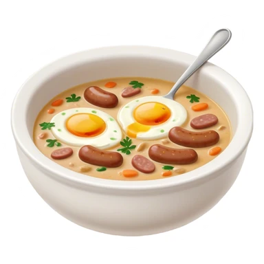 Cinematic Realistic ≈ªurek Soup Dish Emoji, depicted as a tangy, creamy rye soup with sausage and egg rendered with detailed textures and warm, comforting lighting. sticker