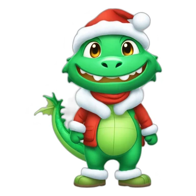 happy little green cartoon dragons of child in winter, in work pants, in work clothes, in winter boots, in a Santa Claus hat, New Year sticker
