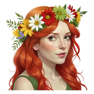 Realistic Long Red haired white woman with flowers in her hair  sticker