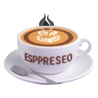 A cup of coffee with the word “Espresso” written on the foam, close-up, warm lighting, simple background sticker