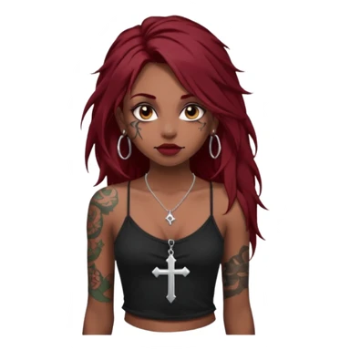generate an ios genmoji of a dusky girl with long dark red messy hair with eyeliner on her eyes.  septum piercing, wearing a cami black top, has tattoos, on shoulders. ear piercings. wearing a cross silver necklace. carrying a big roll of fabric  sticker