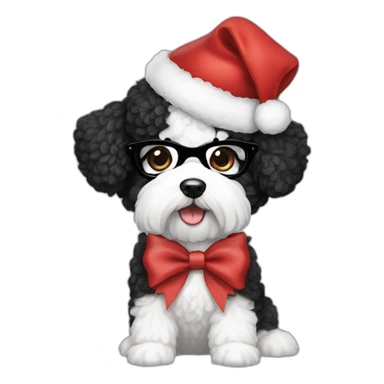 woman-black hair-bow-glasses-bichon dog-sitting-christmas hat sticker