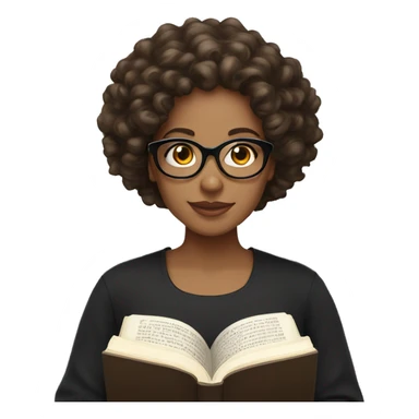 A women with brown medium curly hair, light skinned, full cheeks, black shirt and black glasses reading the Bible  sticker