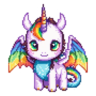 cute dragon with big eyes, rainbow wings, and unicorn horn, simple background sticker