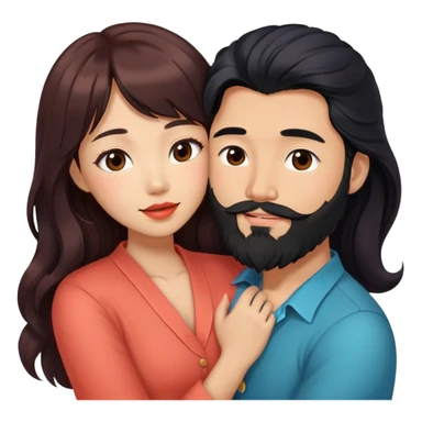 handsome asian man with long black hair and beard, hugging cute tan skin woman with long wavy reddish brown hair with bangs and coral lipstick sticker
