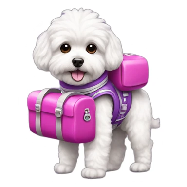 a white maltipoo as purple astronaut with a pink luggage sticker