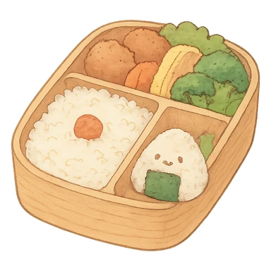 Japanese style bento box with a tiny onigiri, soft pastel kawaii hand-drawn style, full object sticker