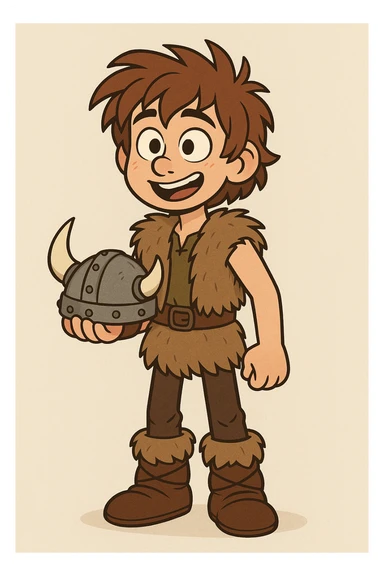 young Viking boy from How to Train Your Dragon, brown hair, wearing fur vest and boots, holding a helmet, colorful cartoon style sticker
